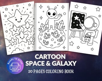 May include: A black and white coloring book with space-themed illustrations. The cover features three drawings: smiling stars, an alien on a crystal-covered planet, and an astronaut painting a star. The text reads "CARTOON SPACE & GALAXY 20 PAGES COLORING BOOK."