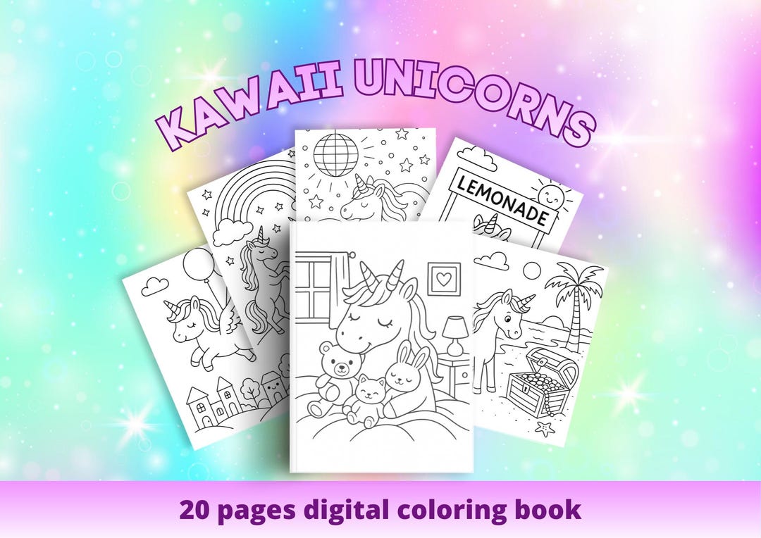 Kawaii Unicorn Coloring Book | 20 Cute Printable Pages | Adorable Black ...