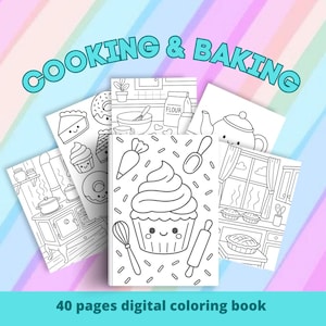 Op de afbeelding: Een digitaal kleurboek met de tekst "COOKING & BAKING" in turquoise. De omslag toont een cupcake met een lachend gezicht, omringd door bakgereedschap en hagelslag. Andere pagina's tonen donuts, een taart en keukenscènes. De tekst "40 pages digital coloring book" staat onderaan.