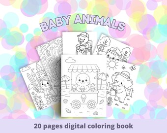 Söta djurungar målarbok | 20 kawaii utskrivbara sidor | Bedårande fluffiga djurarbetare | Rolig svartvit barnaktivitet i PDF-format