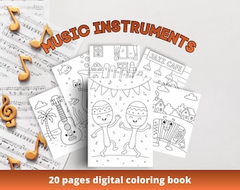 May include: A collection of coloring book pages with musical instrument illustrations, including a guitar, maracas, and an accordion. The words "MUSIC INSTRUMENTS" and "20 pages digital coloring book" are displayed.