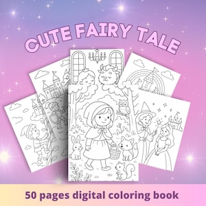 Fairy Tale Coloring Book for Kids | 50 Cute Storybook Scenes | Princesses, Dragons & Castles | Kawaii Cartoon Style | Printable PDF Download
