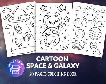 May include: A black and white coloring book with three pages featuring space-themed illustrations. One page shows a UFO with cupcakes, another has a cat astronaut, and the third depicts planets and a smiling sun. The book is labeled "CARTOON SPACE & GALAXY".
