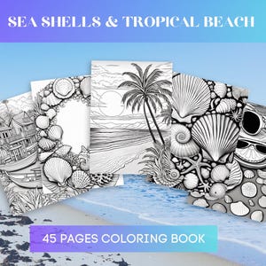 Op de afbeelding: Een verzameling kleurboeken met zeeschelpen en tropische strandtaferelen. De covers tonen gedetailleerde zwart-wit illustraties van schelpen, palmbomen en strandlandschappen. De tekst luidt "SEA SHELLS & TROPICAL BEACH" en "45 PAGES COLORING BOOK".