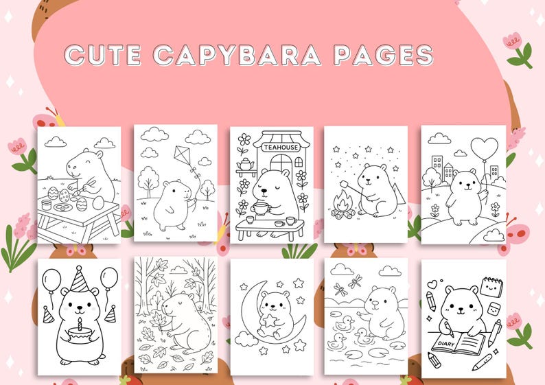 Cute Kawaii Capybara Coloring Book for Adults, Kids & Teens – 20 Cozy ...