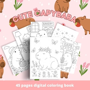 May include: A digital coloring book with illustrations of cute capybaras. The cover features the text "Cute Capybara" and "45 pages digital coloring book". The background is pink with capybara and butterfly graphics.