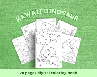 May include: A collection of five black and white dinosaur coloring pages arranged on a green textured background. The text "KAWAII DINOSAUR" is at the top, and "20 pages digital coloring book" is at the bottom. The coloring pages feature various dinosaurs and scenes.