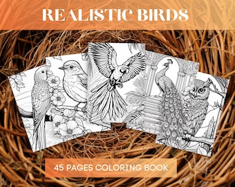 Puede incluir: Varios libros para colorear con ilustraciones detalladas de aves, incluyendo un loro, un pájaro cantor, un ave en vuelo, un pavo real y un búho. Los libros están etiquetados como "Realistic Birds" y "45 Pages Coloring Book".