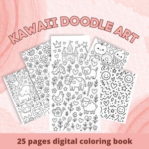 Op de afbeelding: Een verzameling van vijf zwart-wit digitale kleurboekpagina's met schattige illustraties. De pagina's bevatten verschillende thema's, waaronder dieren, bloemen en grillige ontwerpen. De tekst "KAWAII DOODLE ART" en "25 pages digital coloring book" worden weergegeven.