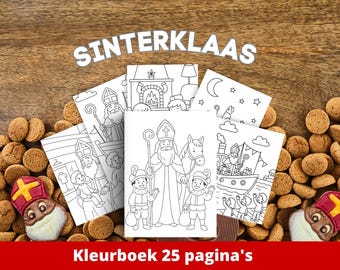 May include: A collection of coloring book pages featuring Sinterklaas illustrations, surrounded by traditional Dutch treats. The pages are black and white, depicting scenes with Sinterklaas, children, and a horse. The word "Sinterklaas" is displayed above.