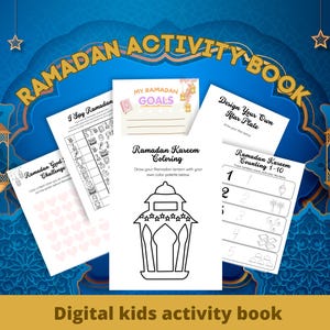 Op de afbeelding: Een digitaal Ramadan-activiteitenboek voor kinderen, met pagina's voor kleuren, tellen en doelen stellen. De omslag toont "Ramadan Activity Book" en "Digital kids activity book". De achtergrond is blauw met gouden accenten.