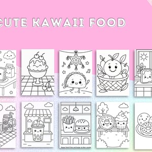 May include: A collection of black and white illustrations of cute kawaii food items. The illustrations include a sandwich, ice cream, a taco, oranges in a basket, toast with jam, watermelon, boba tea, fries and a burger, donuts, and cookies.
