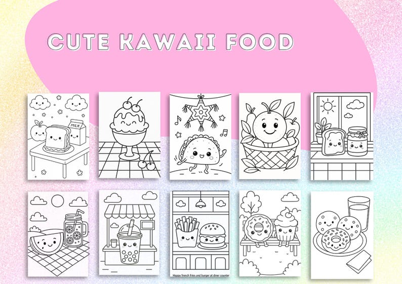May include: A collection of black and white illustrations of cute kawaii food items. The illustrations include a sandwich, ice cream, a taco, oranges in a basket, toast with jam, watermelon, boba tea, fries and a burger, donuts, and cookies.