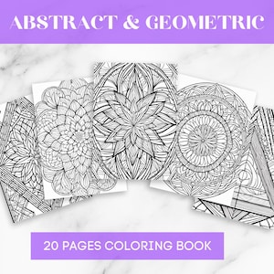 Op de afbeelding: Een verzameling zwart-wit abstracte en geometrische kleurboekpagina's. De pagina's bevatten ingewikkelde ontwerpen van mandala's en geometrische patronen. De tekst "ABSTRACT & GEOMETRIC" en "20 PAGES COLORING BOOK" is afgebeeld.