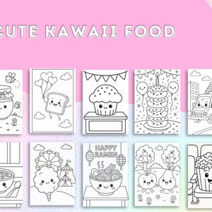 May include: A collection of ten black and white illustrations of cute kawaii food items. The illustrations include a jar of honey with bees, a slice of toast with balloons, a cupcake, a stack of donuts, an ice cream truck, a bowl of cereal, cotton candy, ramen, apples and pears, and popcorn. The text "CUTE KAWAII FOOD" is at the top.