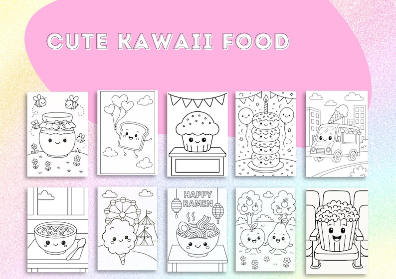 May include: A collection of ten black and white illustrations of cute kawaii food items. The illustrations include a jar of honey with bees, a slice of toast with balloons, a cupcake, a stack of donuts, an ice cream truck, a bowl of cereal, cotton candy, ramen, apples and pears, and popcorn. The text "CUTE KAWAII FOOD" is at the top.