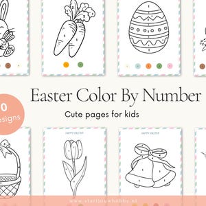 Op de afbeelding: Een verzameling van tien kleurplaten met Pasen als thema voor kinderen, met lijntekeningen van een konijn, wortels, een ei, een kip, een mand, een tulp, klokken en een duif. De tekst "Easter Color By Number" en "Cute pages for kids" is ook zichtbaar.