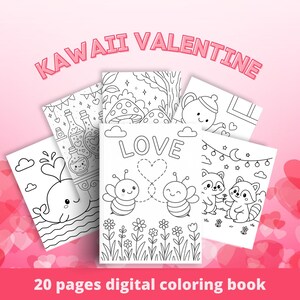 Puede incluir: Una colección de páginas para colorear de San Valentín Kawaii en blanco y negro. Las páginas presentan ilustraciones lindas de una ballena, abejas, mapaches y otras imágenes con temática de San Valentín. También se ve el texto "KAWAII VALENTINE" y "20 pages digital coloring book".