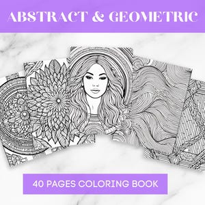 Op de afbeelding: Een verzameling van vijf kleurboeken met abstracte en geometrische ontwerpen. De boeken bevatten ingewikkelde zwart-wit illustraties van bloempatronen, een vrouwenportret en vloeiende lijnen. De tekst "ABSTRACT & GEOMETRIC" en "40 PAGES COLORING BOOK" wordt weergegeven.