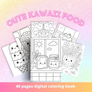 May include: A collection of black and white coloring pages featuring cute kawaii food illustrations. The pages include images of ice cream, popcorn, a birthday cake, toast with jam, and a strawberry. The text "CUTE KAWAII FOOD" is displayed above the pages.