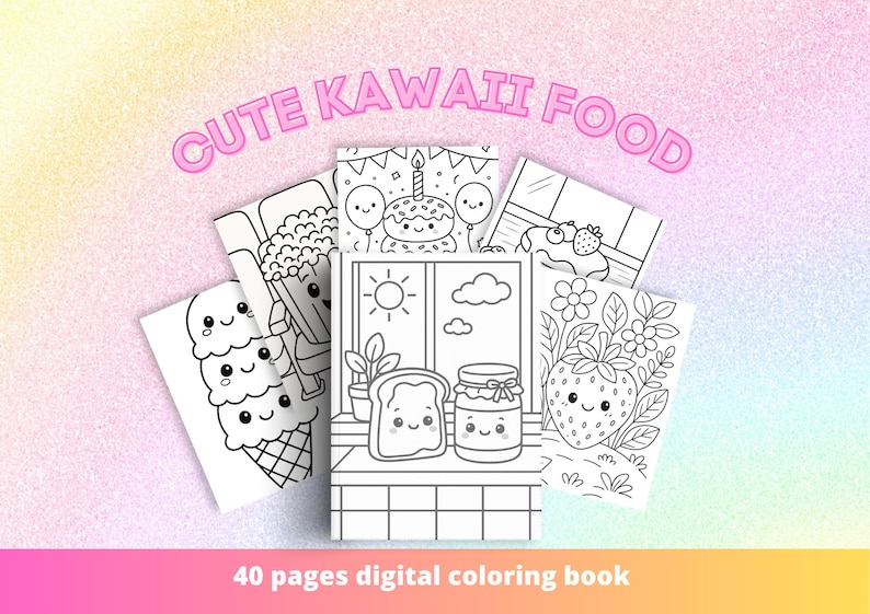 May include: A collection of black and white coloring pages featuring cute kawaii food illustrations. The pages include images of ice cream, popcorn, a birthday cake, toast with jam, and a strawberry. The text "CUTE KAWAII FOOD" is displayed above the pages.