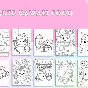 May include: A collection of black and white illustrations of cute kawaii food items. The images include an avocado, pancakes, milk and cookie, chocolate bar, donut, sushi, strawberry, cupcakes, banana, and popsicle. The text "CUTE KAWAII FOOD" is at the top.