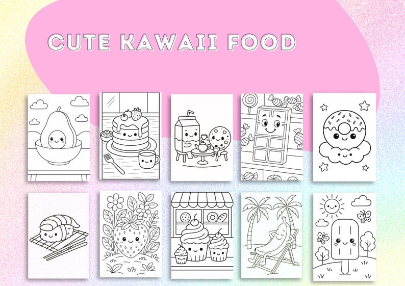 May include: A collection of black and white illustrations of cute kawaii food items. The images include an avocado, pancakes, milk and cookie, chocolate bar, donut, sushi, strawberry, cupcakes, banana, and popsicle. The text "CUTE KAWAII FOOD" is at the top.