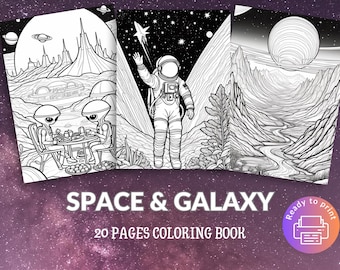 Puede incluir: Un libro para colorear en blanco y negro titulado "SPACE & GALAXY" con 20 páginas. La portada presenta tres ilustraciones: extraterrestres cenando, un astronauta y un paisaje planetario. Un icono de "Listo para imprimir" está en la esquina inferior derecha.