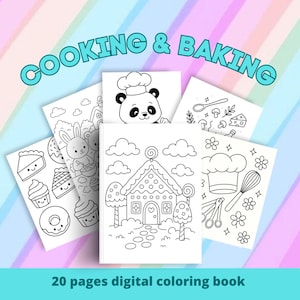 Op de afbeelding: Een digitaal kleurboek met de tekst "COOKING & BAKING" in turquoise. Het boek bevat 20 pagina's met lijntekeningen van kook- en bakgerelateerde afbeeldingen, waaronder een panda-kok, een peperkoekhuisje en diverse voedingsmiddelen.
