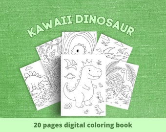 May include: A collection of white coloring book pages featuring dinosaur illustrations, arranged against a green textured background. The text "KAWAII DINOSAUR" is displayed above the pages, with "20 pages digital coloring book" below.