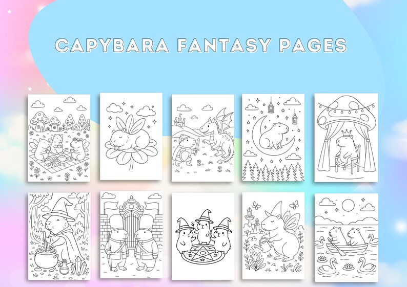 Cute Capybara Fantasy Coloring Book for Adults & Kids | 50 Fairy Tale ...