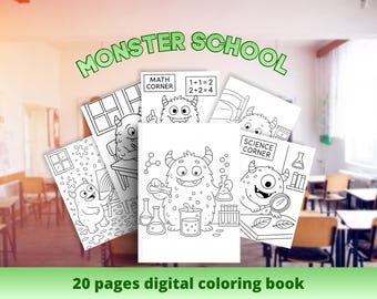 May include: A collection of black and white monster-themed coloring pages with the text "MONSTER SCHOOL". The pages feature various monsters in school settings, with text such as "MATH CORNER" and "SCIENCE CORNER". The image also includes the text "20 pages digital coloring book".