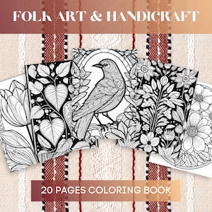 Op de afbeelding: Een verzameling zwart-wit kleurboeken met bloemen- en vogelontwerpen. De tekst "FOLK ART & HANDICRAFT" en "20 PAGES COLORING BOOK" staan op de afbeelding.