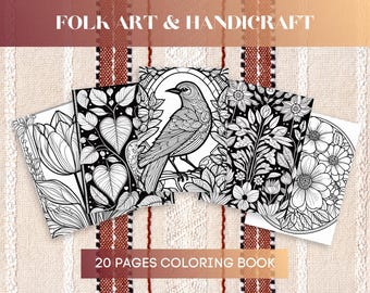 Op de afbeelding: Een verzameling zwart-wit kleurboeken met bloemen- en vogelontwerpen. De tekst "FOLK ART & HANDICRAFT" en "20 PAGES COLORING BOOK" staan op de afbeelding.