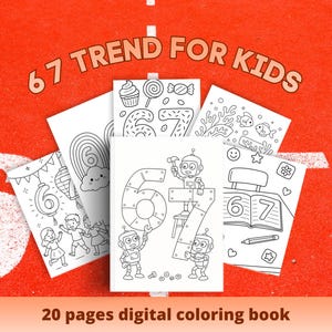 May include: A collection of white coloring book pages with black line drawings, featuring the number 67 and various illustrations. The text "67 TREND FOR KIDS" is at the top, and "20 pages digital coloring book" is at the bottom. The background is red.