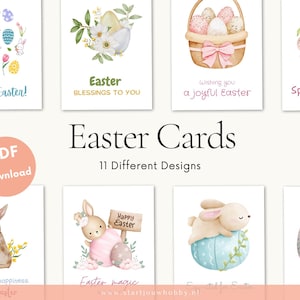 Op de afbeelding: Een verzameling van 11 paaskaartontwerpen. Elke kaart bevat aquarel illustraties van paaseieren, konijntjes en bloemmotieven. Tekst bevat "Hoppy Easter!", "Easter Blessings to You" en "Wishing you a joyful Easter".
