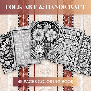 Op de afbeelding: Een verzameling van vijf zwart-wit kleurboeken met bloemen- en geometrische ontwerpen. De boeken zijn uitgespreid op een getextureerd beige oppervlak. De tekst "FOLK ART & HANDICRAFT" en "45 PAGES COLORING BOOK" worden weergegeven.