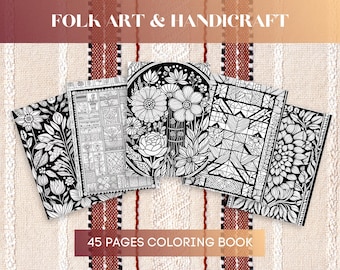 May include: A collection of five black and white coloring books with floral and geometric designs. The books are fanned out on a textured beige surface. The text "FOLK ART & HANDICRAFT" and "45 PAGES COLORING BOOK" are displayed.