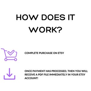 May include: White graphic with the text "HOW DOES IT WORK?" in black. Below, it explains the purchase process: "COMPLETE PURCHASE ON ETSY" and "ONCE PAYMENT HAS PROCESSED, THEN YOU WILL RECEIVE A PDF FILE IMMEDIATELY IN YOUR ETSY ACCOUNT!"