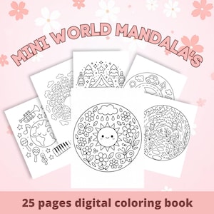 May include: A collection of digital coloring pages featuring mandala designs. The pages include various themes such as nature, cityscapes, and travel. The text "MINI WORLD MANDALA'S" and "25 pages digital coloring book" are displayed.