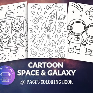 Op de afbeelding: Zwart-wit kleurboekpagina's met ruimte-thema illustraties. Bevat een ruimteschip met dierenfiguren, een raket en astronauten. De tekst luidt "CARTOON SPACE & GALAXY 40 PAGES KLEURBOEK."
