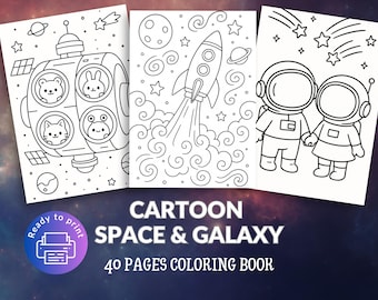 May include: Black and white line art coloring book pages featuring space-themed illustrations. Includes a spaceship with animal characters, a rocket, and astronauts. The text reads "CARTOON SPACE & GALAXY 40 PAGES COLORING BOOK."