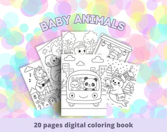 Söta djurungar målarbok | 20 kawaii utskrivbara sidor | Bedårande fluffiga djurarbetare | Rolig svartvit barnaktivitet i PDF-format