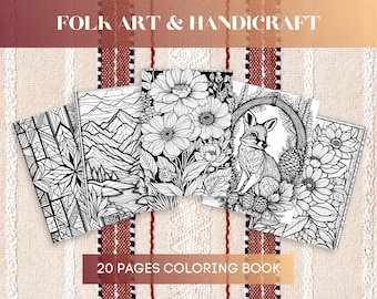 May include: A collection of coloring books with intricate black and white illustrations of flowers, mountains, and a fox. The text "FOLK ART & HANDICRAFT" and "20 PAGES COLORING BOOK" are displayed on the image.