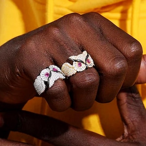 Iced out Owl Ring, Custom Hip Hop 18k White Gold And Yellow Gold Plated CZ Diamond Animal Motif Rings Jewelry Gifts For Men And Women