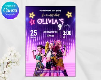Invitación de cumpleaños de Cazadores de Demonios K-Pop / Plantilla editable de Canva / Invitación a fiesta de fantasía de anime / Descarga instantánea