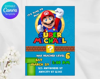 Plantilla de invitación de cumpleaños de Super Mario / Invitación editable para fiesta de Nintendo en Canva / Descarga digital personalizable