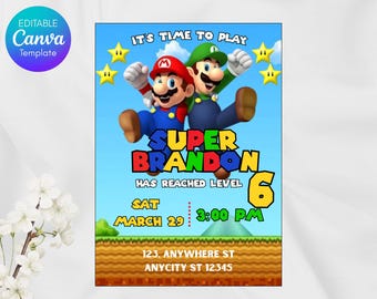 Verjaardagsuitnodiging Super Mario: bewerkbare canvassjabloon (digitale download, 5 x 7 inch)