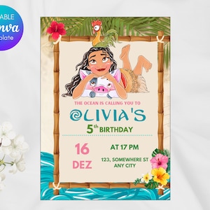 Moana Birthday Invitation Template | Editable Canva Luau Party Invite | Tropical Ocean Theme | Instant Download