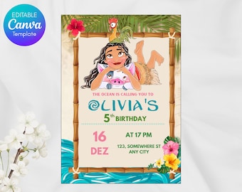 Moana Birthday Invitation Template | Editable Canva Luau Party Invite | Tropical Ocean Theme | Instant Download
